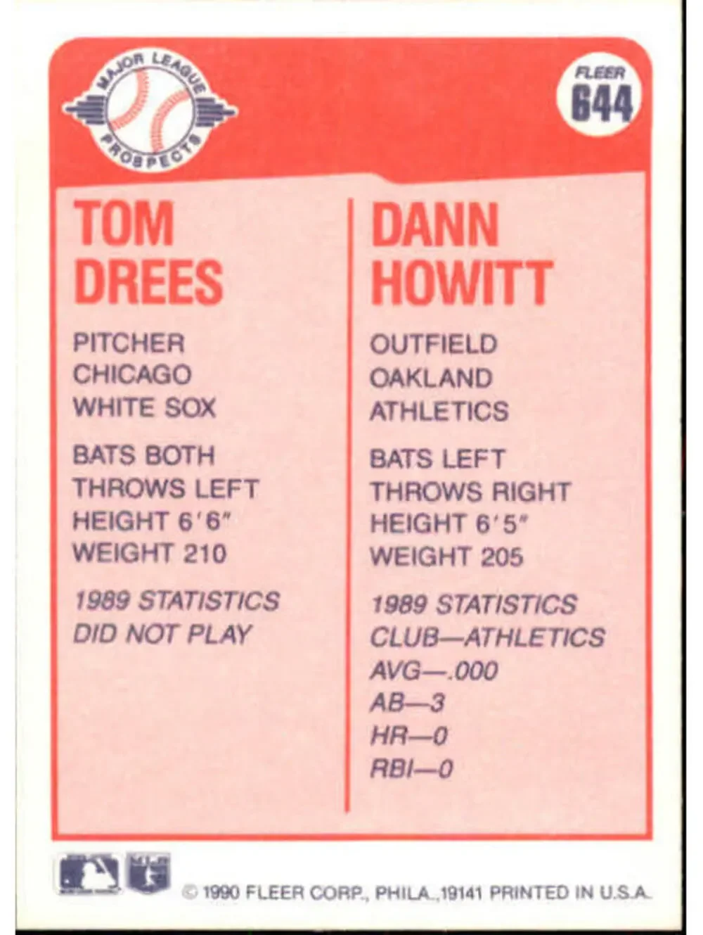 1990 Tom Drees / Dann Howitt Fleer Baseball Card #644